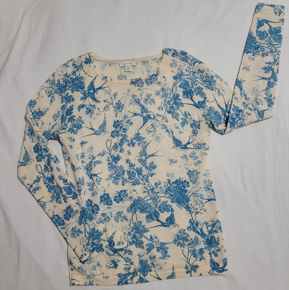 Garnet Hill Merino Wool Sweater Bird Floral Scoop Neck Long Sleeve Cream Blue S